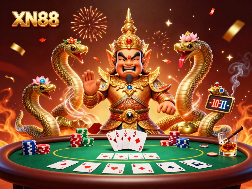 Experience thrilling gameplay with XN88 in this vibrant 3D casino scene featuring poker and celebratory elements.