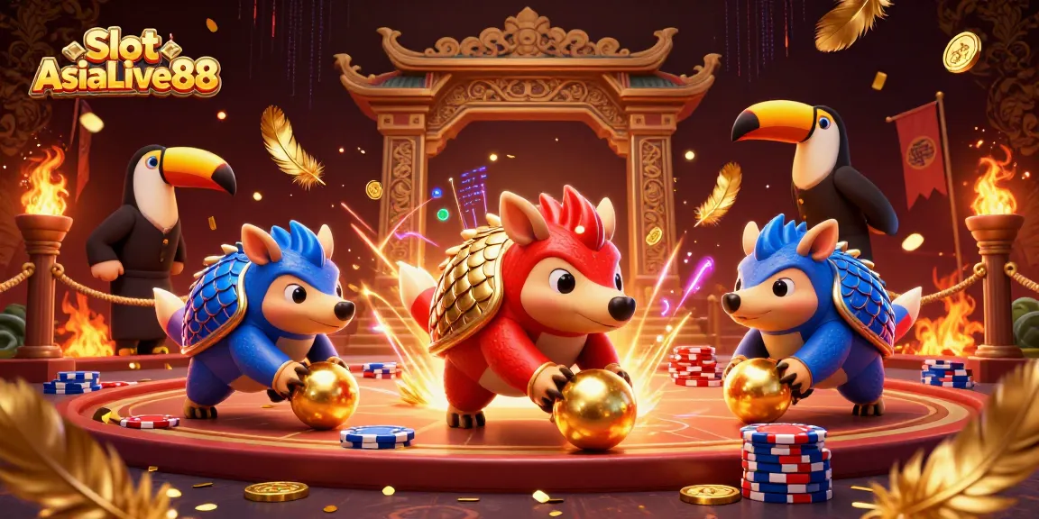 Experience the thrilling Slot AsiaLive88 action with dynamic pangolin characters amidst vibrant casino elements.