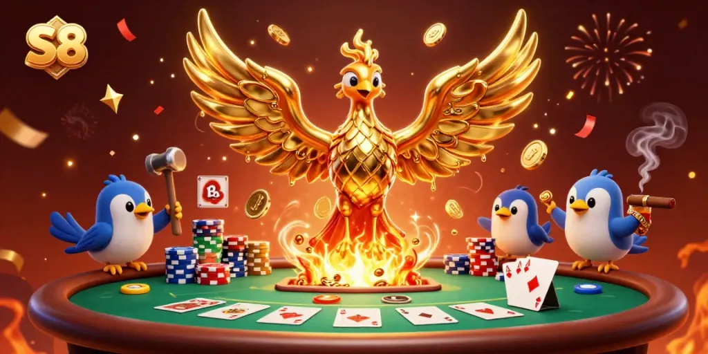 S8 showcases a golden phoenix in a vibrant casino scene with poker chips and cards.