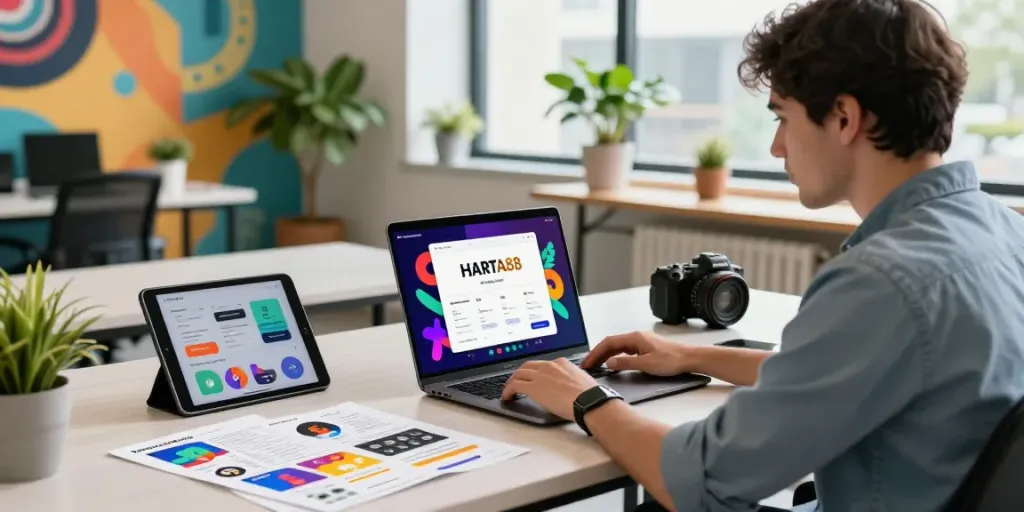Engaging digital workspace featuring HARTA88 interface, marketing materials, and a creative atmosphere