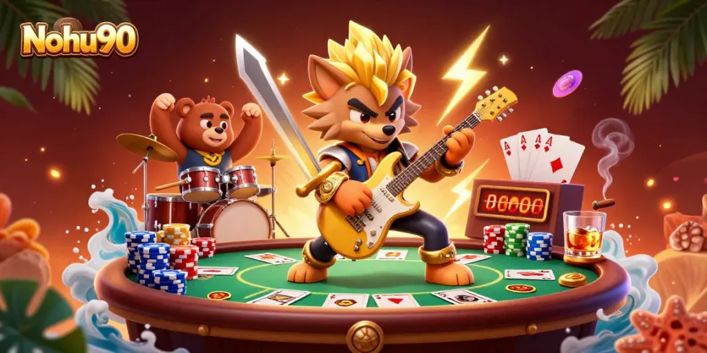 Nohu90 captivates gamblers with a vibrant rock star-themed casino scene filled with poker elements.