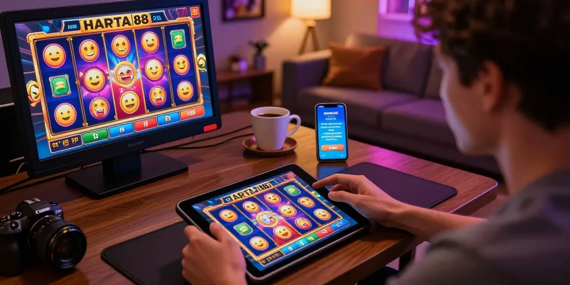 A player enjoying an online slot game on harta88, surrounded by vibrant graphics and gaming elements, in a cozy gaming corner.