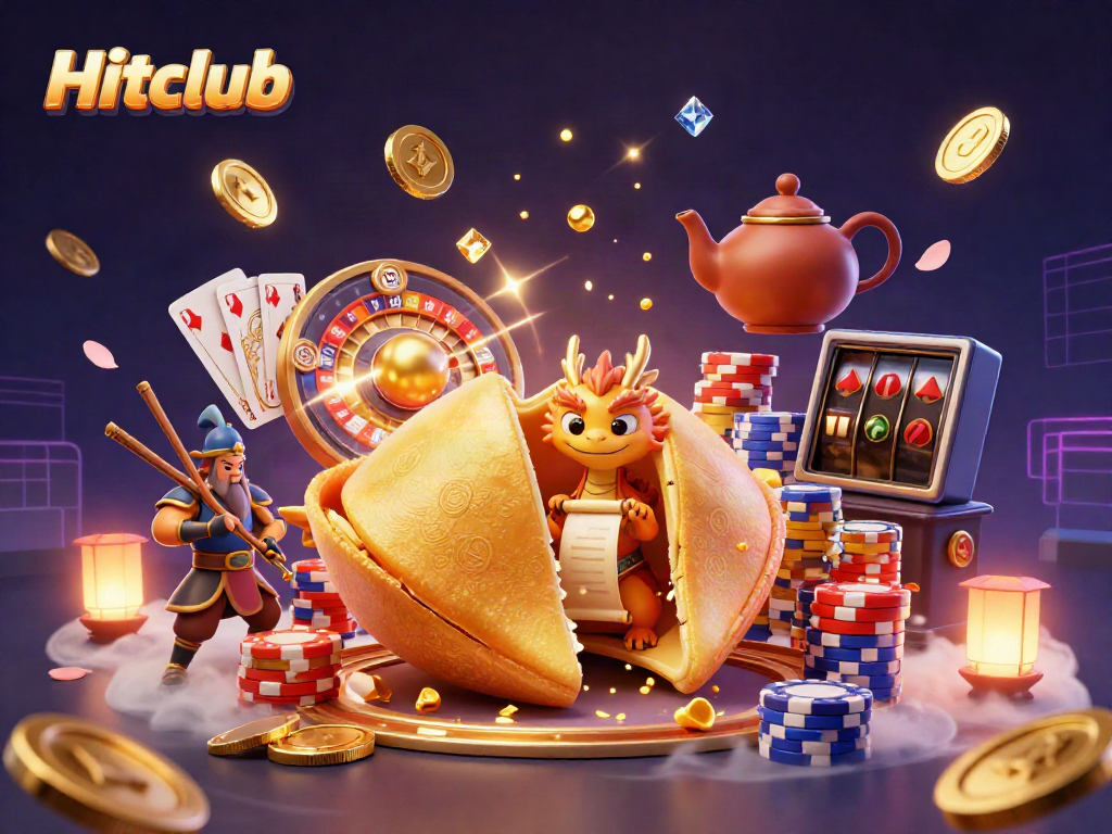 Experience the lively universe of Hitclub with vibrant golden treasures and animated casino action.