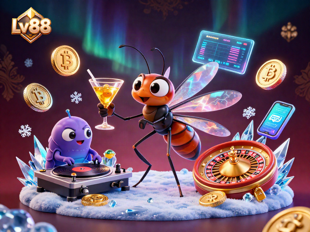 Spin to win at Lv88 with unique characters and glowing cryptocurrency elements.