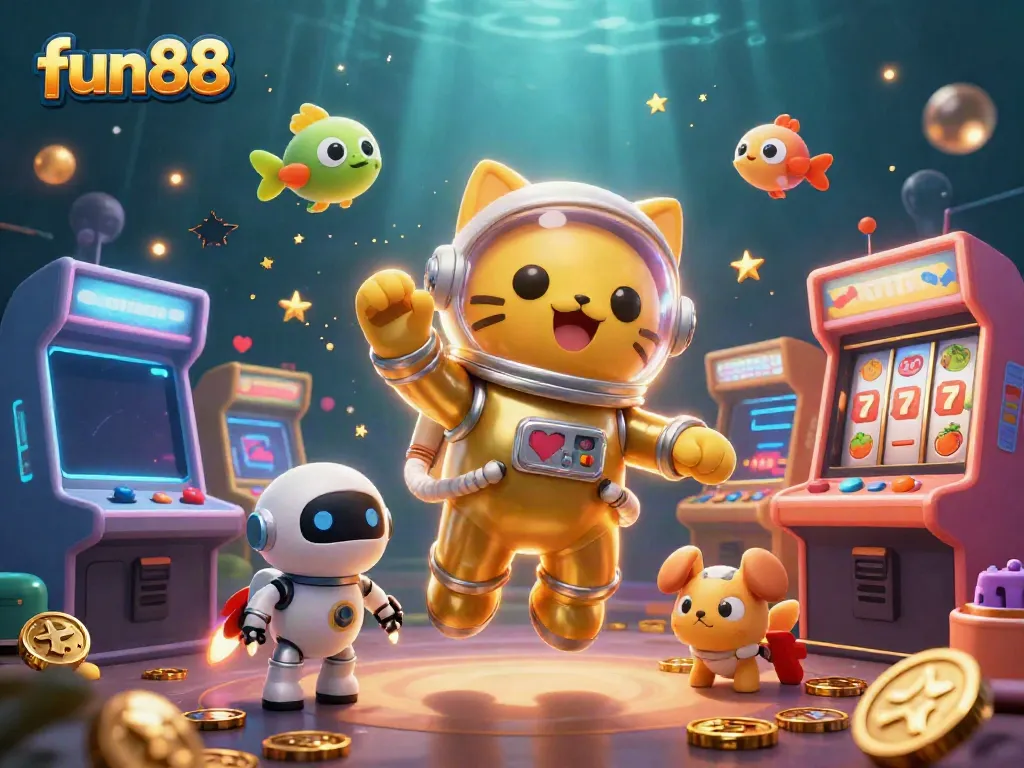 Experience fun88's gaming excitement with a vibrant scene of a space astronaut cat, a robot dog, and alien fish in a casino.