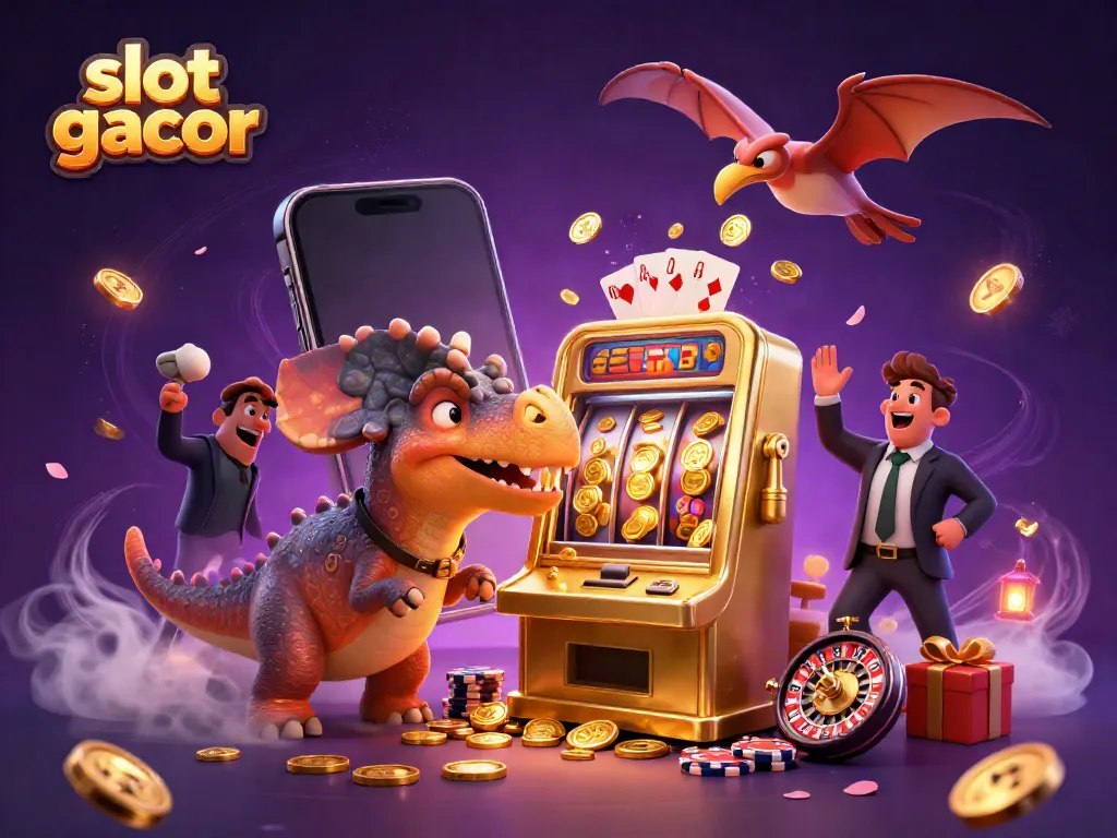 Momen seru slot gacor dengan kartun dinosaurus memenangkan jackpot di mesin slot.