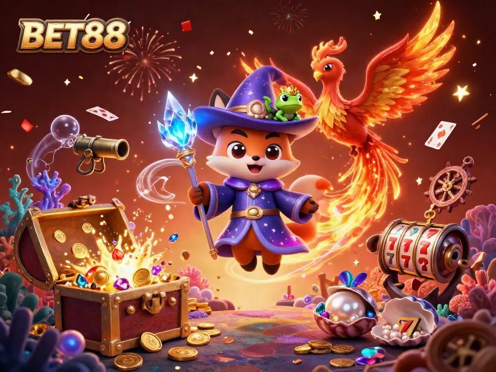 Experience the excitement of BET88 with a magical scene featuring a wizard fox and phoenix among casino treasures.