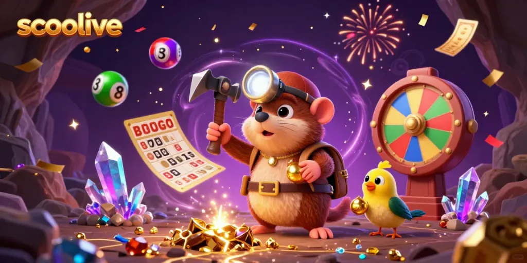 Socolive showcases a vibrant lottery scene featuring a treasure hunter mole amid glittering gems, animated lottery balls, and a magical background.