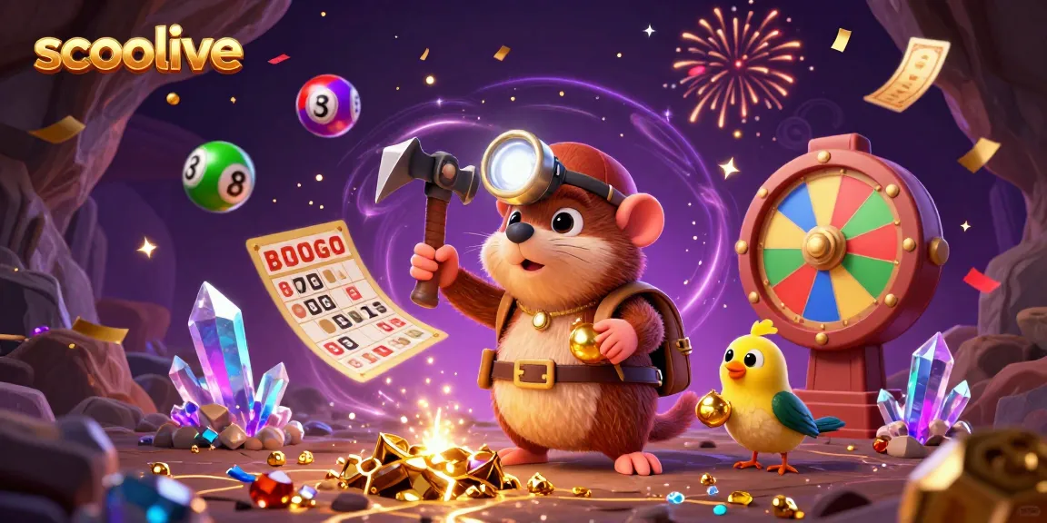 Socolive showcases a vibrant lottery scene featuring a treasure hunter mole amid glittering gems, animated lottery balls, and a magical background.