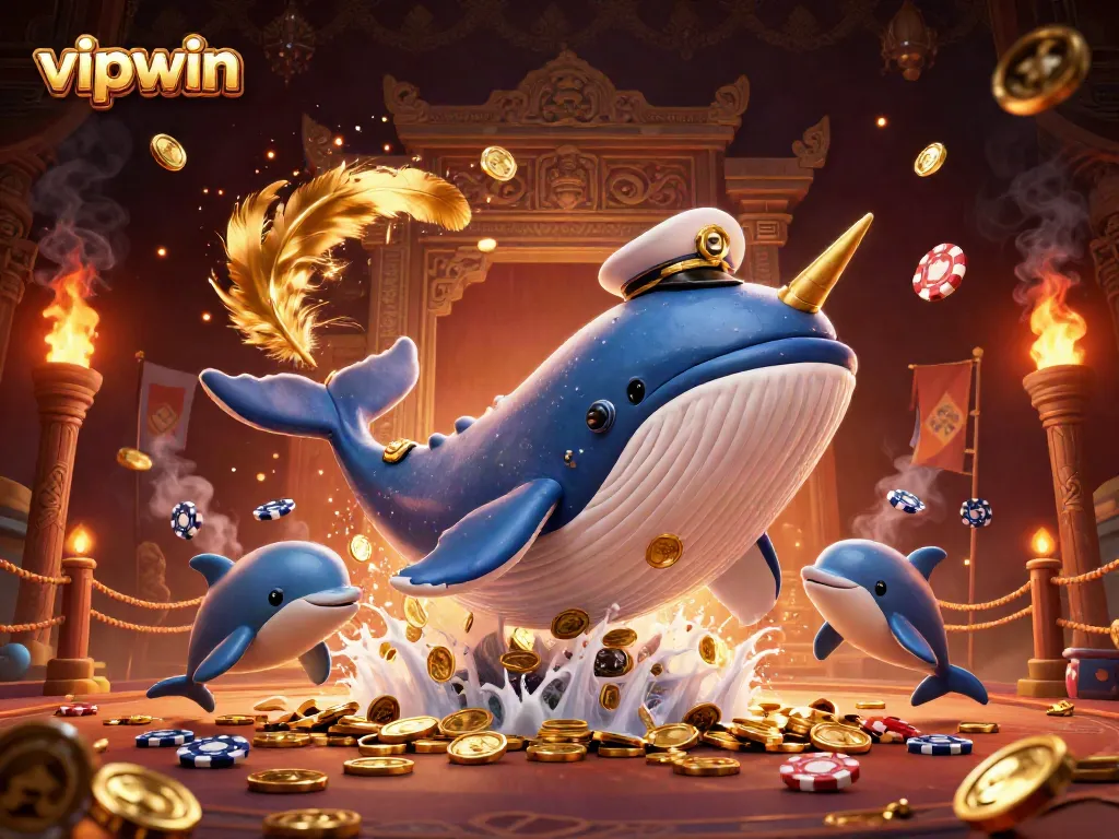 Engage with vipwin's vibrant casino world featuring a whale, narwhal, and dolphins amidst coins.