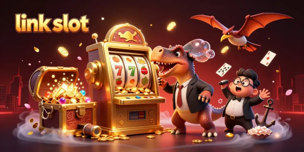 Experience the thrill of link slot action with a golden machine and dynamic characters in animated chaos.