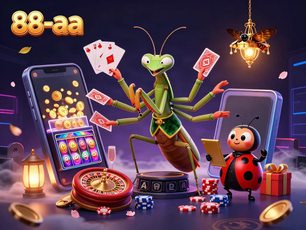 Join the excitement at 88-aa with vibrant casino scene featuring a mantis dealing cards and a ladybug overseeing action.