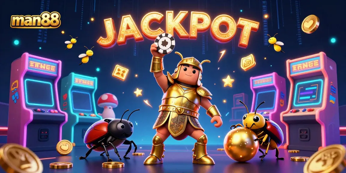 Experience the excitement of man88 with a triumphant beetle lifting a poker chip amidst colorful gaming elements.