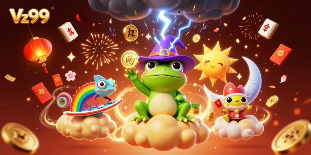 Win big with Vz99 as a wizard frog conjures golden coins in an exciting casino scene.