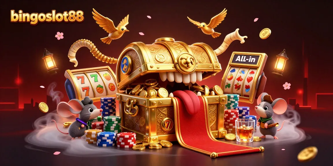 Bingoslot88 menarik perhatian pemain dengan peti harta karun dan simbol slot yang memikat.