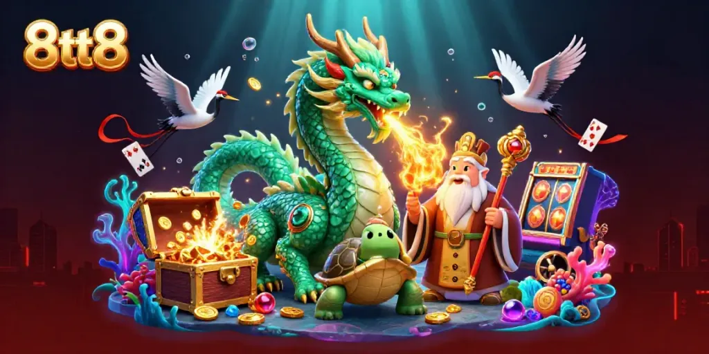 Experience thrilling gameplay with the magnificent 8tt8 jade dragon in a dynamic casino scene.