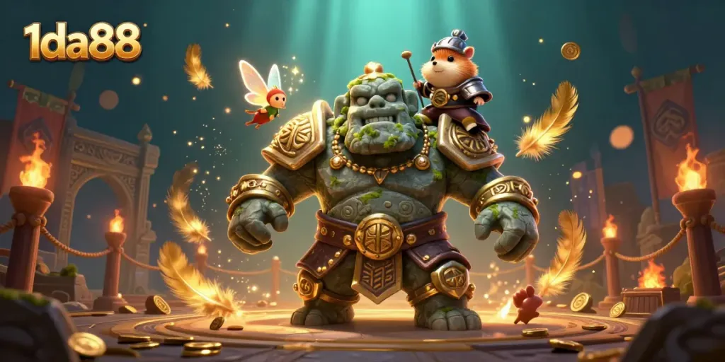Experience thrilling action at 1da88 with a golem guardian, fairy magic & vibrant casino elements.