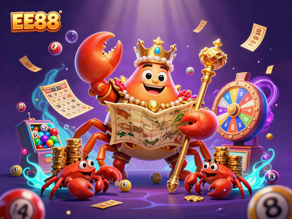 Engage with EE88: The golden crab emperor surrounded by vibrant gambling elements in a dynamic 3D casino illustration.