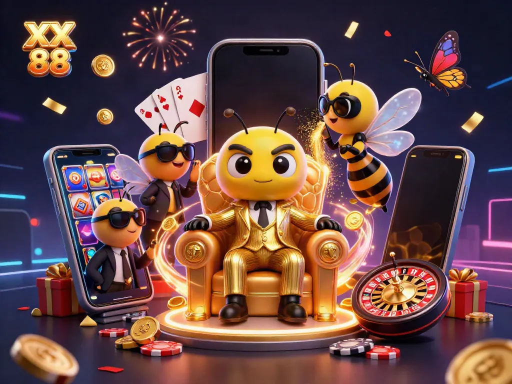 Experience the excitement of XX 88 with a vibrant casino scene featuring a bumblebee mob boss and lively game elements.