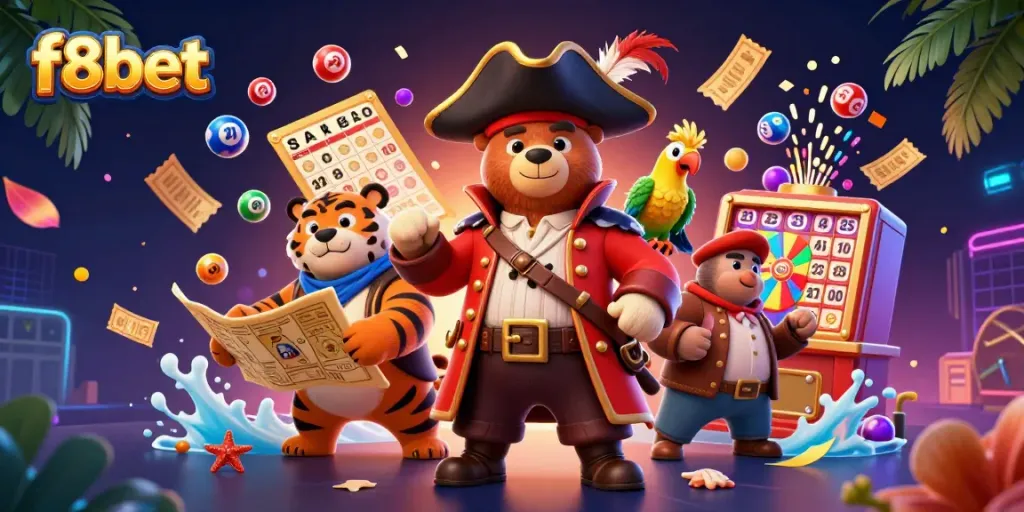 Engage in thrilling games with f8bet in this vibrant, animated 3D casino scene.