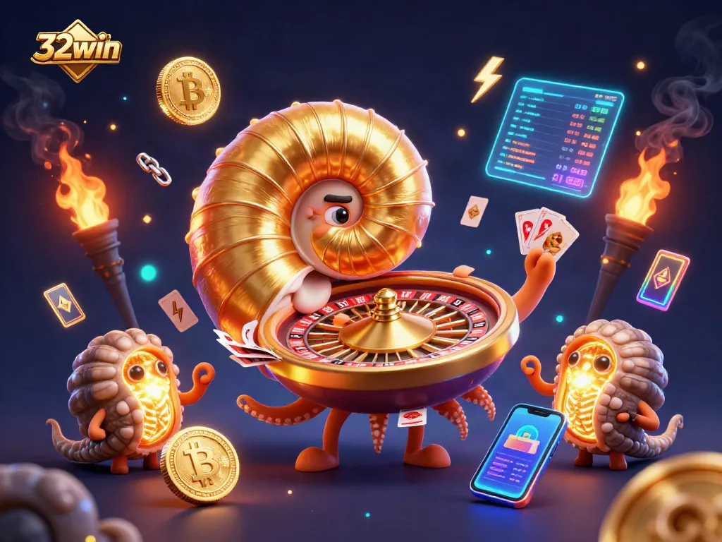 Engage with 32win casino's thrilling games, featuring a 3D nautilus roulette amidst glowing crypto coins.
