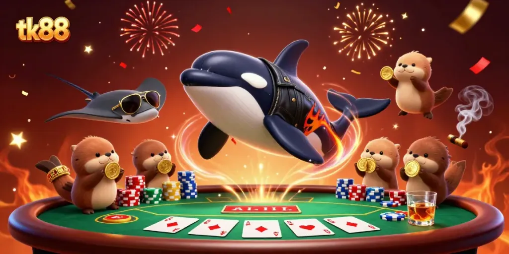 Experience thrilling gameplay with tk88, featuring a festive scene with animated sea creatures and poker elements.