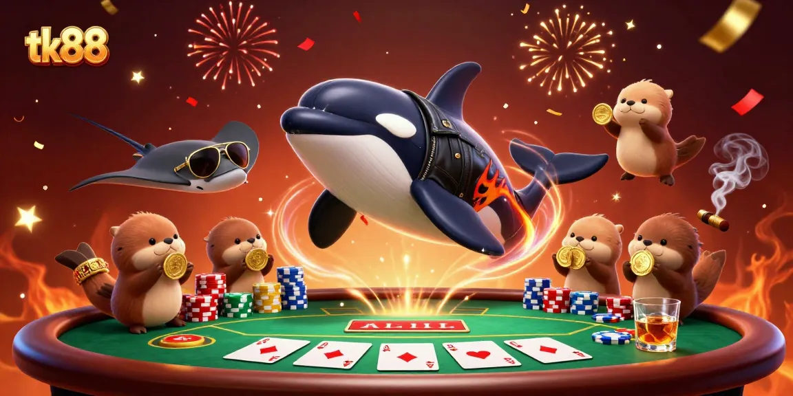 Experience thrilling gameplay with tk88, featuring a festive scene with animated sea creatures and poker elements.