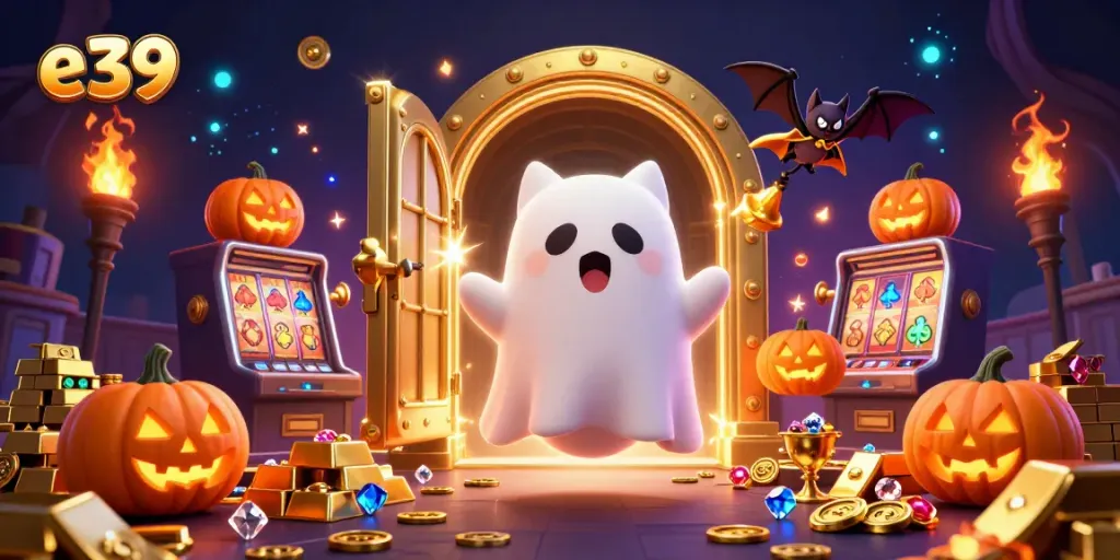 Experience thrilling gameplay at e39 with the friendly ghost cat and vampire bat in an enchanting casino.