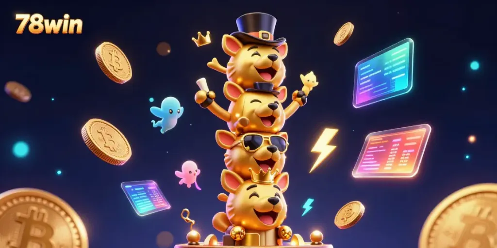 Engage in thrilling gameplay at 78win with exciting visuals of casino elements and vibrant animated totem.