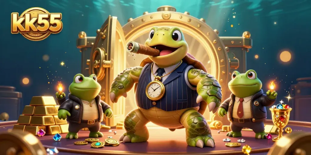 Engage in exciting winnings at kk55 with a vibrant casino scene featuring cartoon characters, treasures, and bright lights.