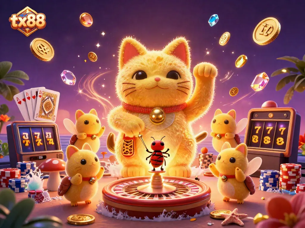 Exciting tx88 gaming experience with dazzling casino elements and vibrant lucky cat.