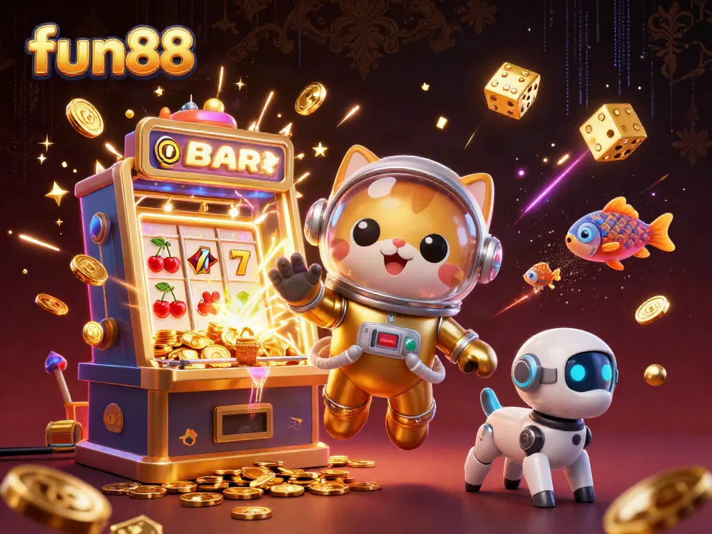 Experience the fun88 online gaming excitement with a dynamic scene of slots and a 3D astronaut cat.