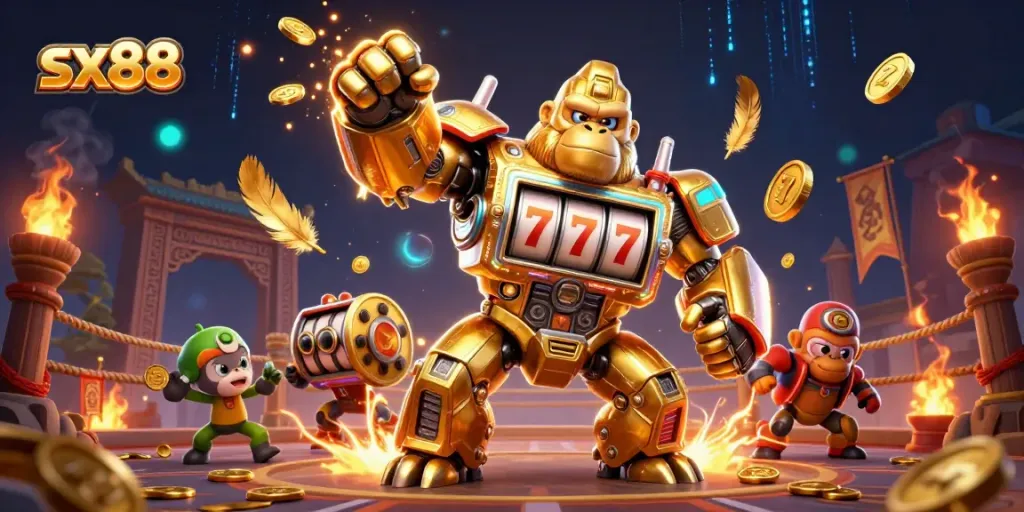Engage with sx88 gaming action in an ultra-detailed illustration of a golden gorilla mech amid dynamic casino elements.