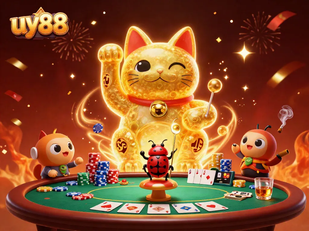 Experience the excitement of uy88 with a colorful illustration featuring a lucky cat and vibrant casino elements.