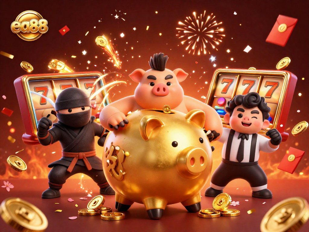 Win massive rewards at ea88 with an energetic casino scene featuring a sumo wrestler and samurai.