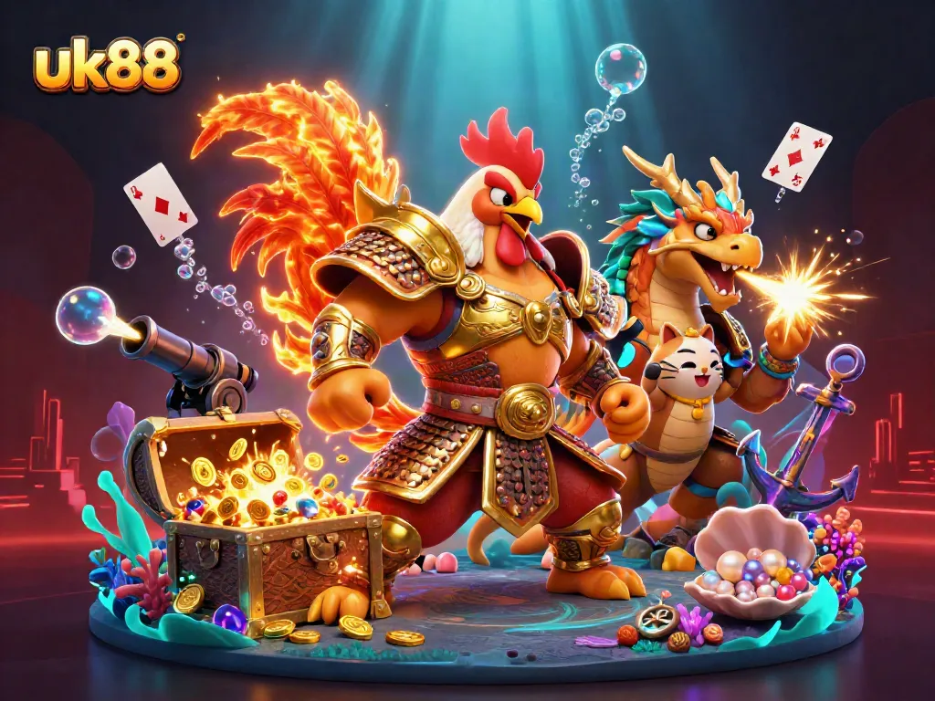 Engage with uk88's immersive gaming world featuring a vibrant rooster warrior and dragon hatchling.