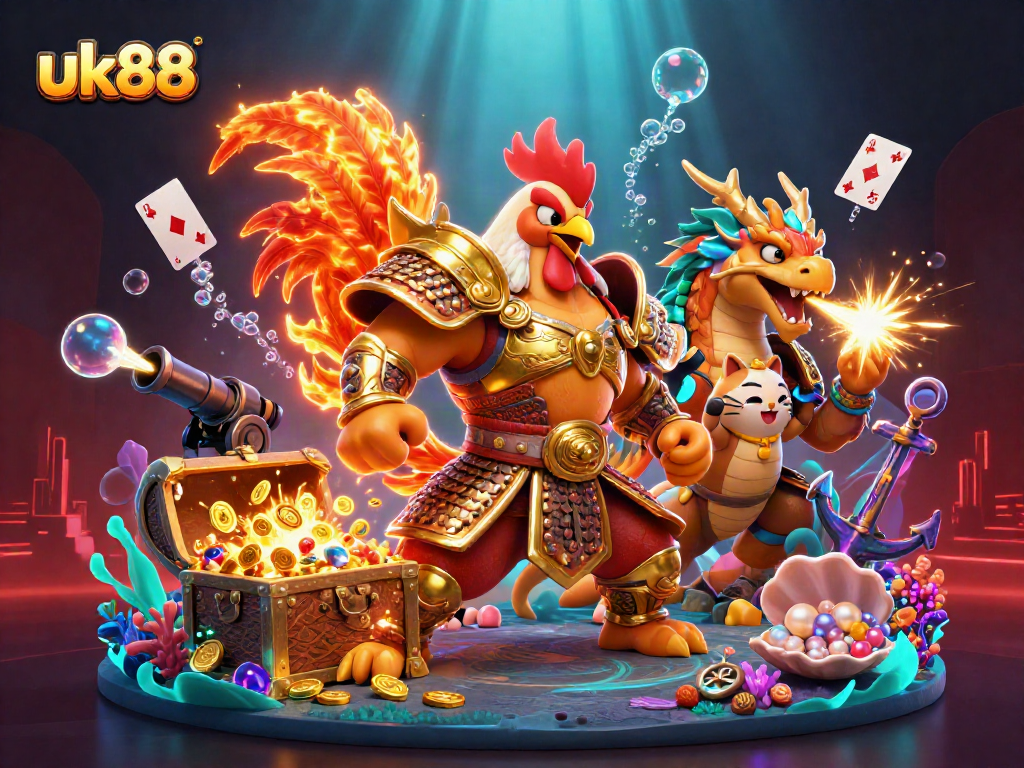 Engage with uk88's immersive gaming world featuring a vibrant rooster warrior and dragon hatchling.