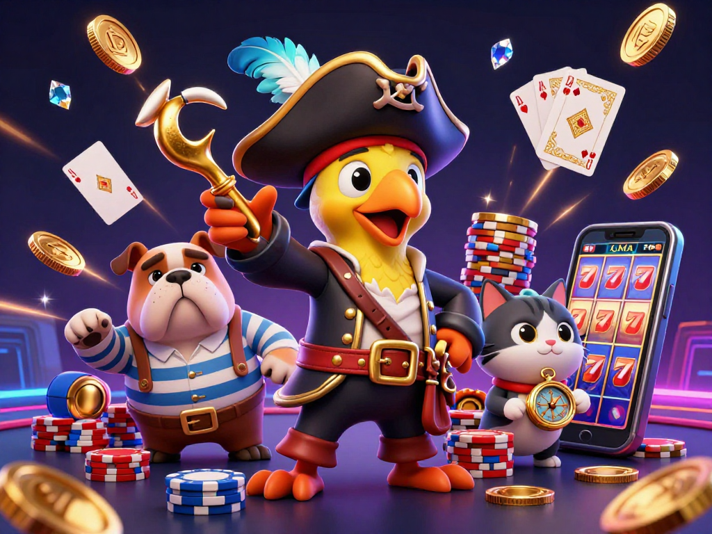 S8s8 captivates with a lively scene of a pirate captain, bulldog, and cat indulging in thrilling casino action.