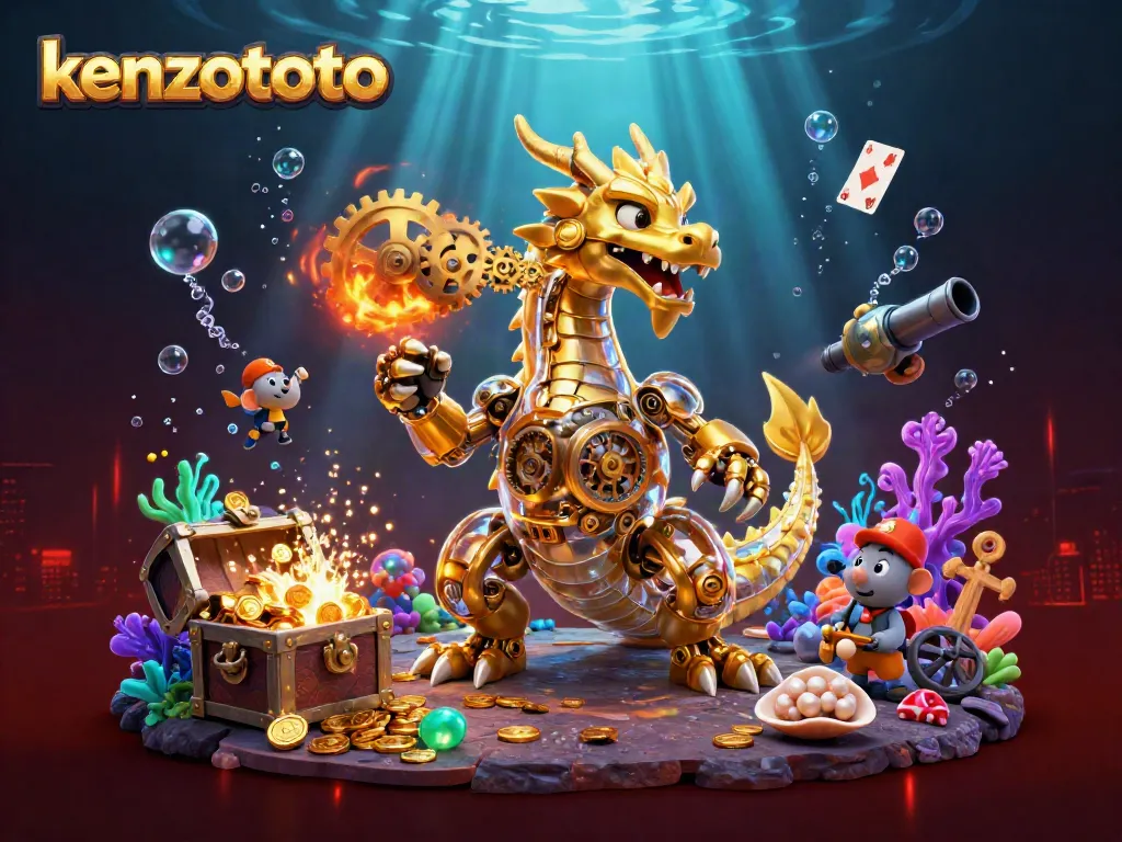 Experience thrilling gameplay at kenzototo, where a golden dragon breathes gears amidst treasures and underwater wonders.