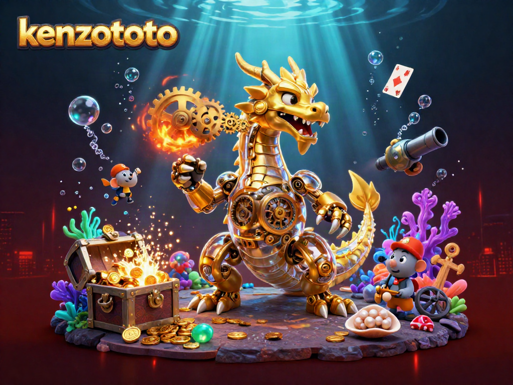 Experience thrilling gameplay at kenzototo, where a golden dragon breathes gears amidst treasures and underwater wonders.