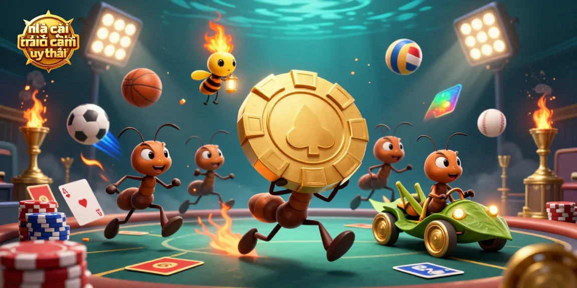 Engaging illustration of nhà cái trực tuyến uy tín with playful characters carrying a giant poker chip and exciting casino elements.