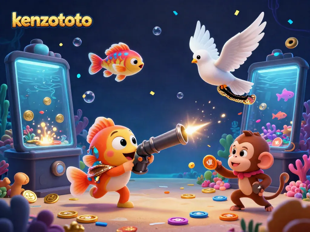 Kenzototo captivates players with a lively underwater scene featuring a magical fish cannon, tokens, and vibrant characters.