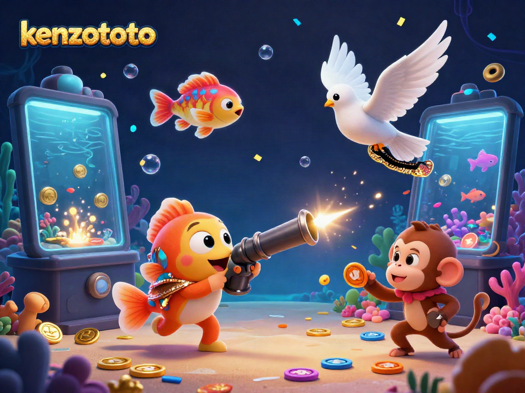 Kenzototo captivates players with a lively underwater scene featuring a magical fish cannon, tokens, and vibrant characters.