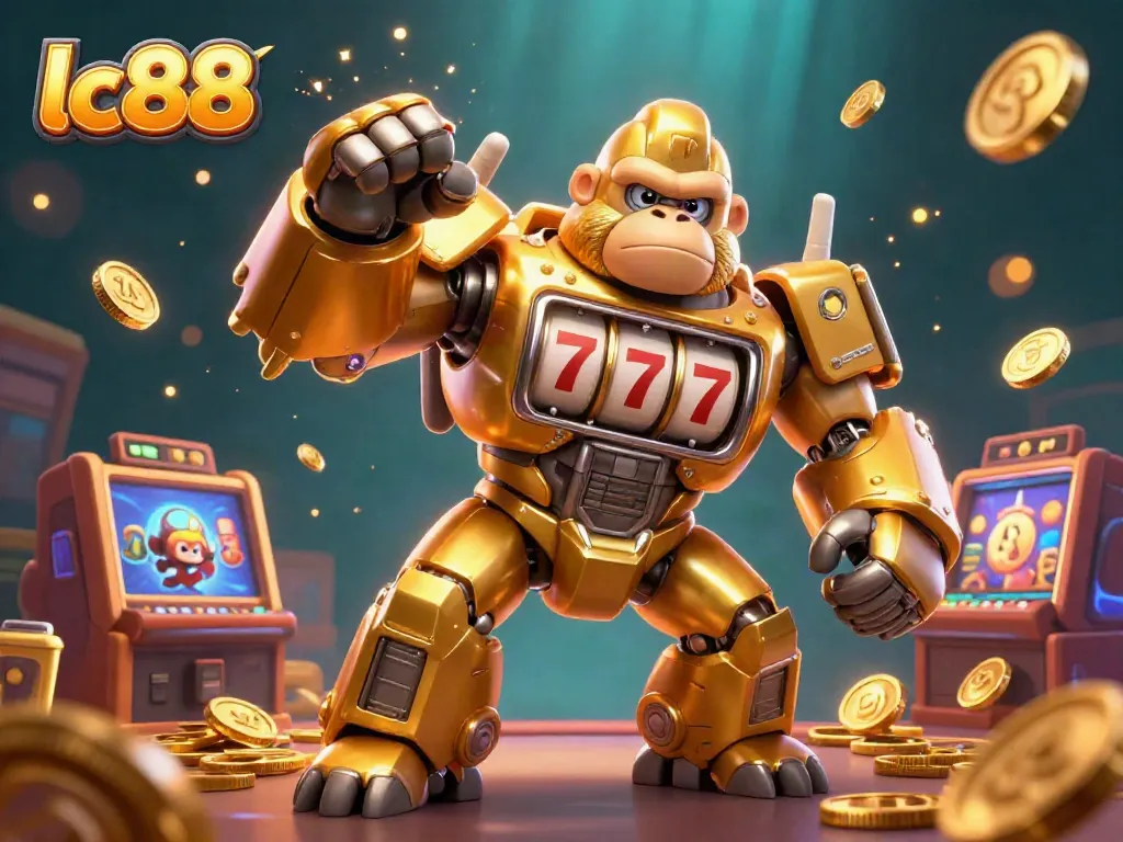 Experience thrilling excitement at lc88 with the golden gorilla mech surrounded by dynamic slot game elements.