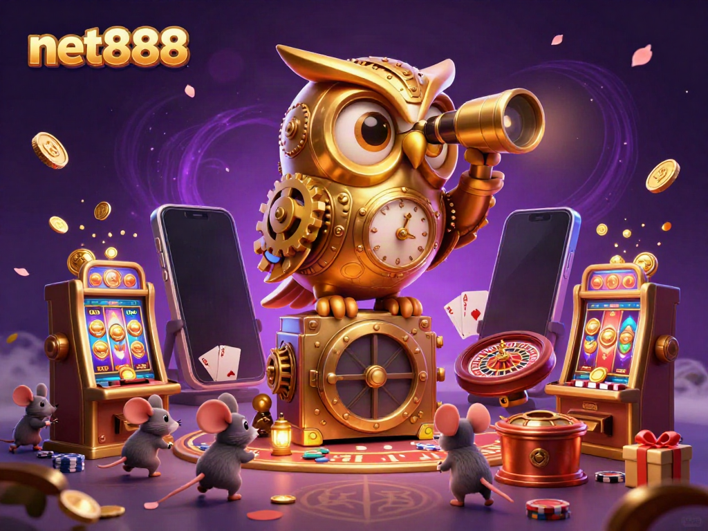 Experience dynamic gaming action at net888 with a whimsical casino scene featuring a clockwork owl.