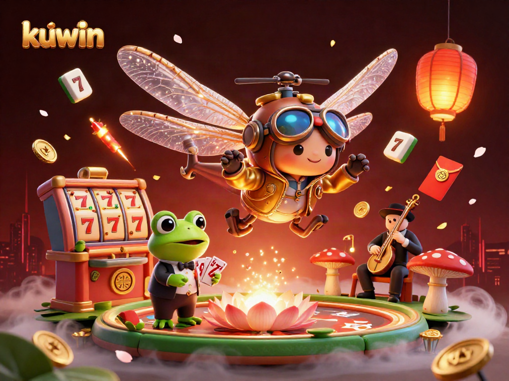 Kuwin welcomes you to an exhilarating gaming experience with vibrant scenes featuring a dragonfly pilot and a frog croupier.
