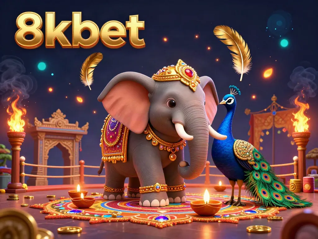 Engage with 8kbet in a vibrant 3D casino world featuring elephants and peacocks amidst dazzling atmospherics.