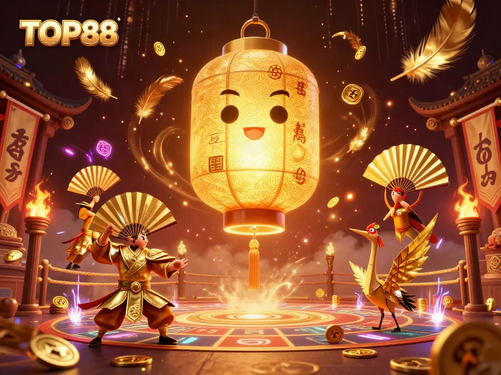 Engage with TOP88 in this vibrant casino scene filled with dynamic characters, golden symbols, and rich visuals.