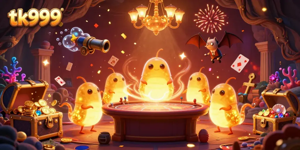 The tk999 app showcases a vibrant casino scene with glowworms and a bat dealer amidst gold and gems.