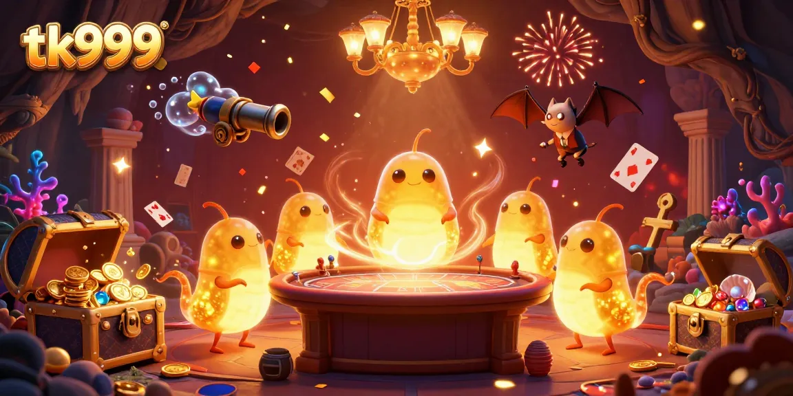 The tk999 app showcases a vibrant casino scene with glowworms and a bat dealer amidst gold and gems.